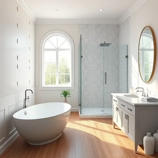 Remodeled modern bathroom in Canal Point FL with glass shower, freestanding tub, marble counters, and natural light