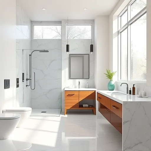 Bright renovated Mangonia Park bathroom with modern fixtures, walk-in shower, marble countertops, tile flooring, and natural light