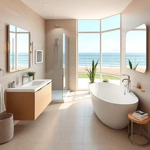 Modern Jensen Beach bathroom with walk-in shower, freestanding tub, sleek fixtures, neutral tones, natural light, coastal view
