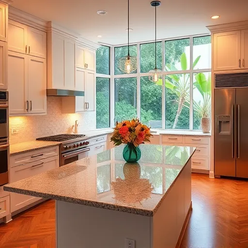 Modern kitchen remodel in Manalapan, FL with granite countertops, pastel backsplash, and stainless steel appliances.