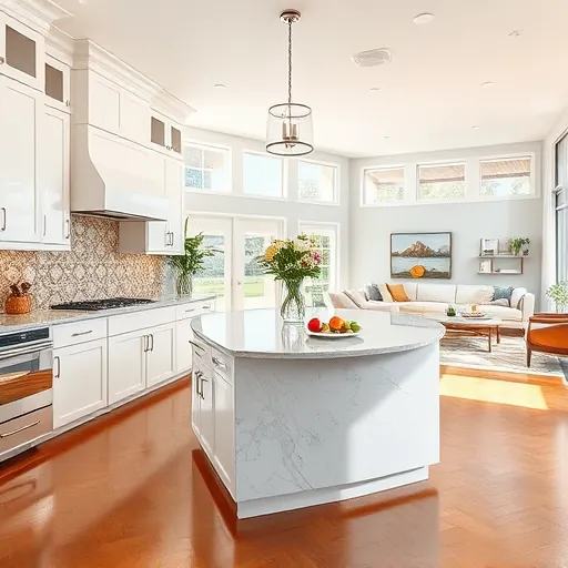 Modern kitchen remodel in Lake Harbor FL features sleek cabinetry, white quartz countertops, and a mosaic tile backsplash.
