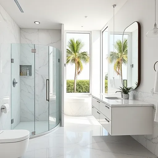 Beautiful modern bathroom remodel in Delray Beach featuring a spacious glass shower marble tiles and sleek fixtures
