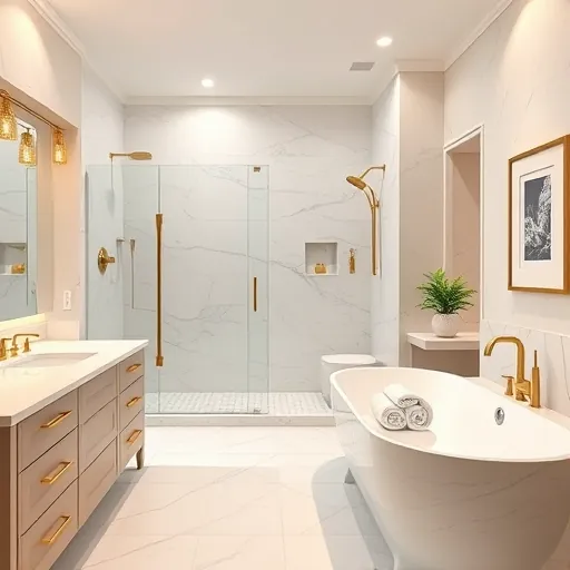 Luxurious renovated bathroom in Wellington FL with modern fixtures, walk-in shower, marble countertops, and elegant decor