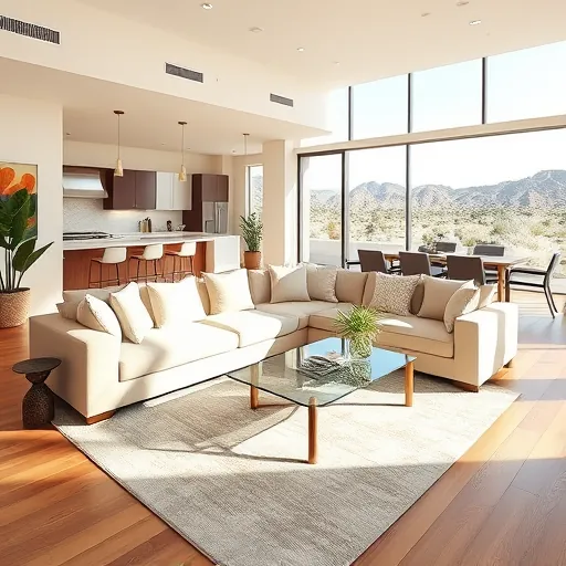 Modern Palm Springs living room remodel featuring a sectional sofa, glass coffee table, and stylish decor with natural light.