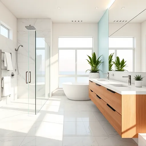 Modern bathroom in Lake Park FL with walk-in shower, marble tiles, soaking tub, double vanity, and coastal decor
