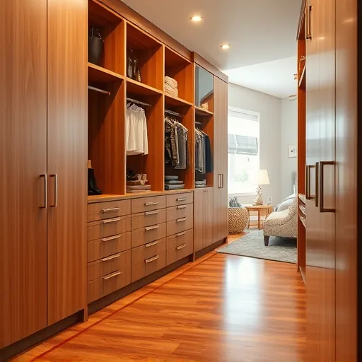 Renovated Riviera Beach closet with wooden cabinets, organized shelving, modern handles, natural light, and coastal decor