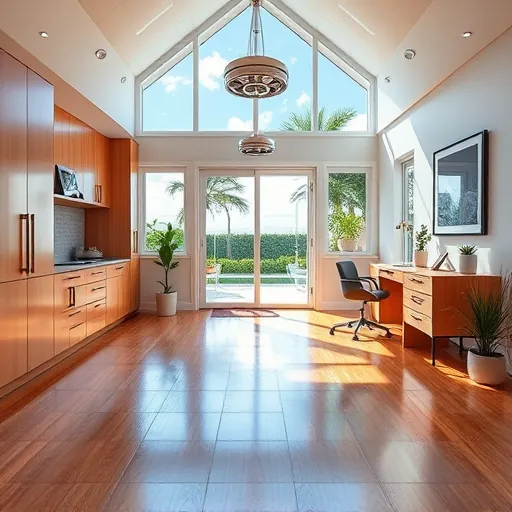 Renovated Riviera Beach garage with modern interior, hardwood floors, sleek cabinetry, natural light, outdoor patio, and stylish decor