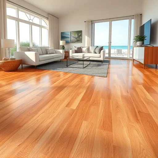 Finished polished oak hardwood flooring in a Riviera Beach living room with coastal decor, sunlit and inviting.