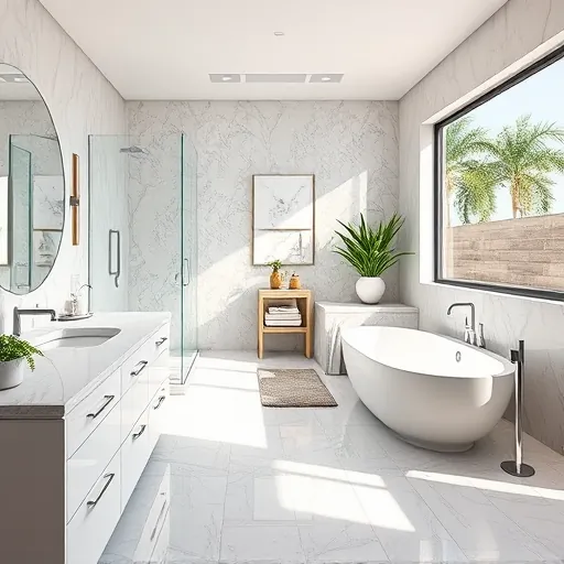 Freshly remodeled Manalapan bathroom with marble countertops, walk-in shower, freestanding tub, and natural light.