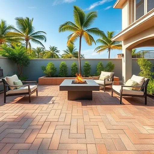 Completed Riviera Beach patio with paver stones, fire pit, stylish outdoor furniture, tropical plants, and lush landscaping