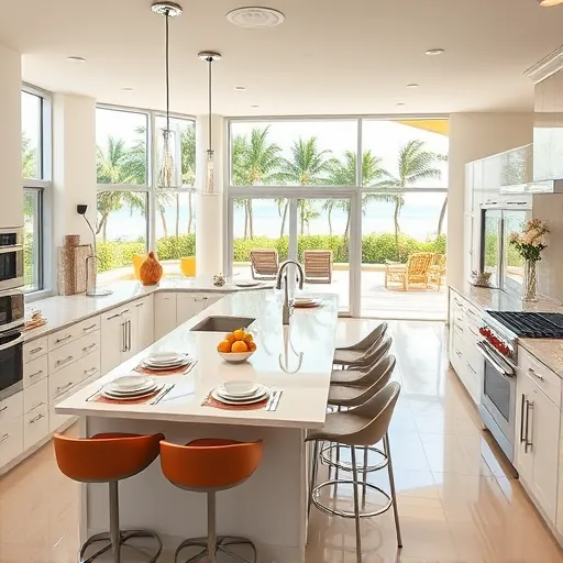 Modern Palm Beach Shores kitchen features high-end appliances, sleek countertops, and a stunning view of palm trees.