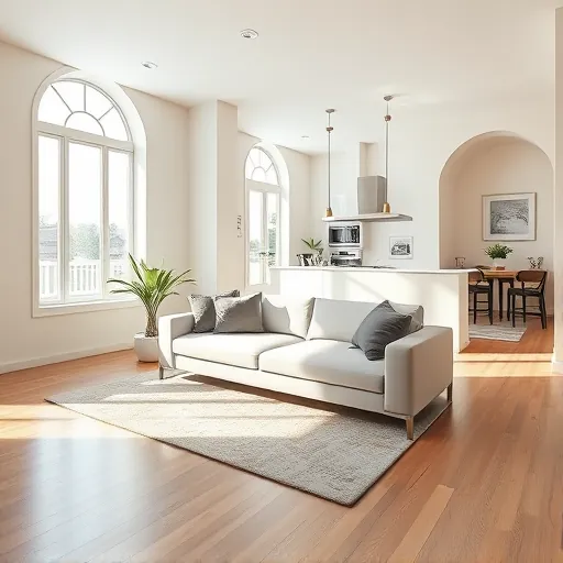 Freshly painted pastel-colored modern living room in Riviera Beach FL with natural light, sleek sofa, hardwood floors, and stylish decor