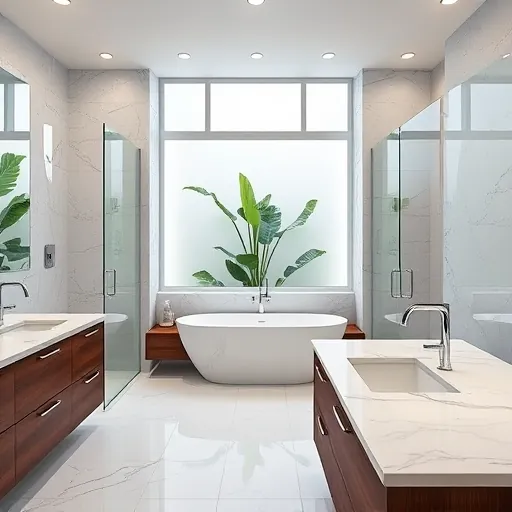 Remodeled luxury bathroom in Manalapan FL featuring marble tiles, walk-in shower, soaking tub, double vanity, and tropical views