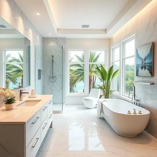 Renovated Gulf Stream FL bathroom with marble countertops, glass shower, freestanding tub, coastal decor, and natural light