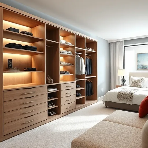 Custom walk-in closet in Riviera Beach FL with modern wood shelves, LED lighting, drawers, cubbies, and organized attire