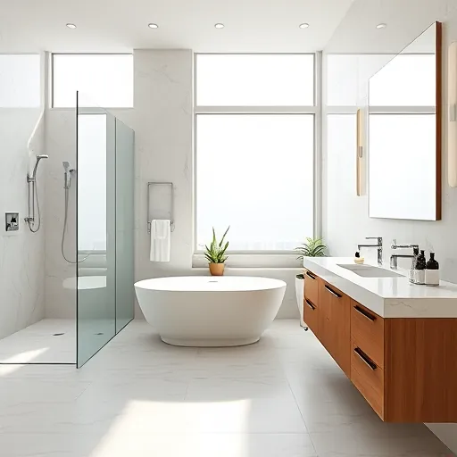 Remodeled South Palm Beach bathroom with marble tiles, freestanding white tub, glass shower, modern vanity, and natural sunlight