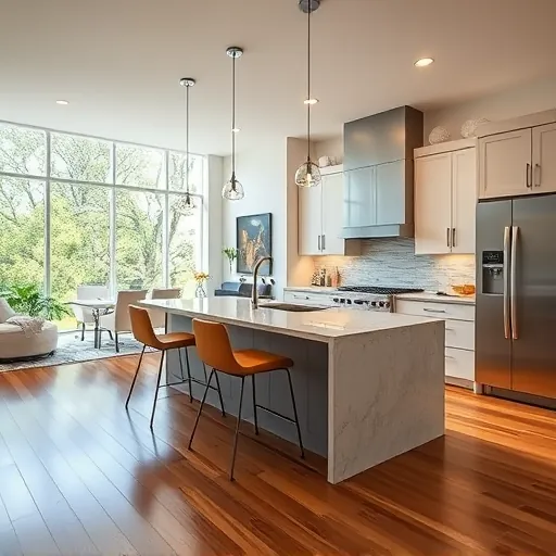 Modern kitchen remodel in Manalapan, FL with sleek cabinetry, high-end appliances, and polished hardwood flooring.