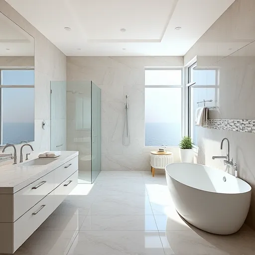 Recently remodeled Highland Beach bathroom with modern fixtures, marble counters, glass shower, freestanding tub and coastal accents