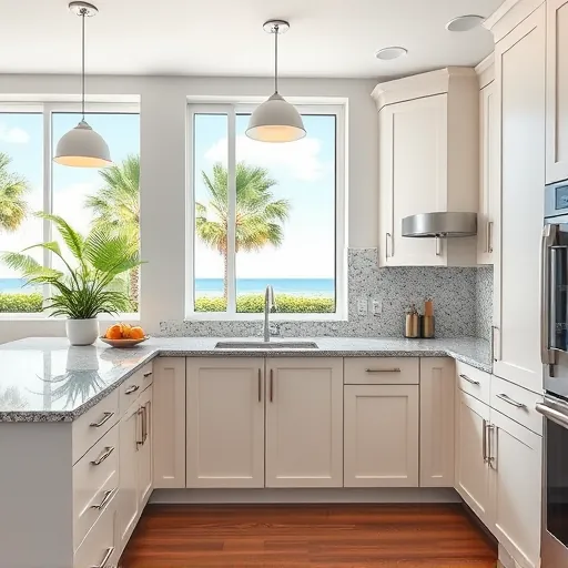 Refaced modern kitchen cabinets in Riviera Beach Florida with sleek neutral tones, granite countertops, mosaic backsplash, and natural sunlight.