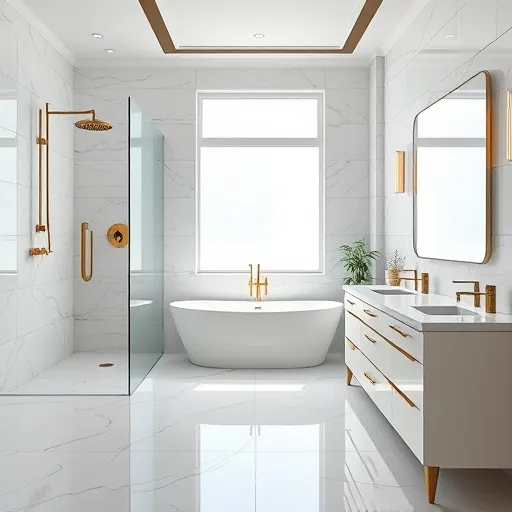 Recently remodeled Riviera Beach Florida bathroom featuring marble floors gold fixtures walk-in shower soaking tub modern vanity natural light greenery
