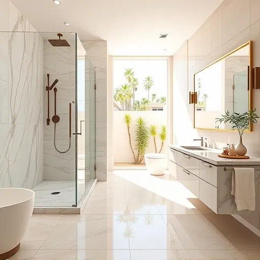 Beautiful Palm Springs bathroom remodel with modern fixtures, marble shower, stylish vanity, and desert view window