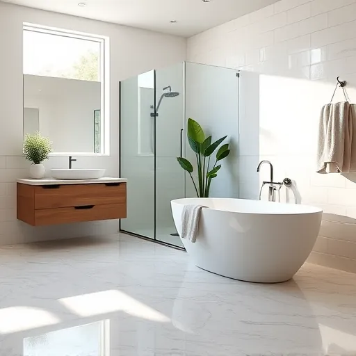 Modern Palm Beach Shores bathroom with sleek fixtures, natural stone vanity, frameless glass shower, soaking tub, elegant tiles and polished marble flooring