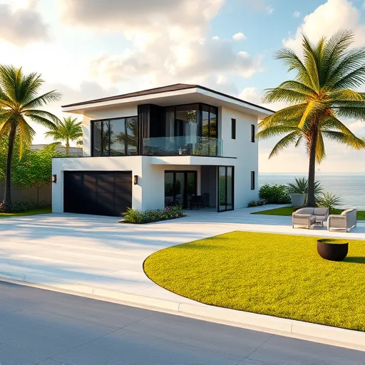 Modern Riviera Beach home with sleek design, lush tropical landscaping, water view, and stylish outdoor patio