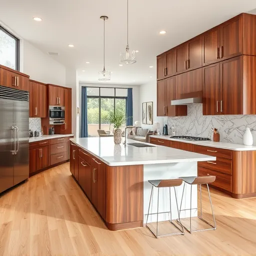 Modern kitchen remodel in Juno Ridge FL featuring walnut cabinets, quartz island, and elegant marbled backsplash.