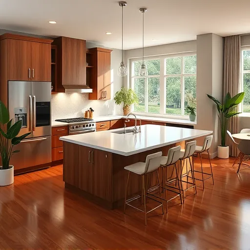 Modern kitchen remodel in Lake Park, FL with sleek finishes, quartz island, rich cabinetry, and polished hardwood flooring.