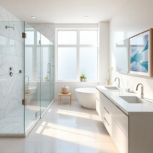 Remodeled Riviera Beach Florida bathroom with walk-in shower, freestanding tub, double vanity, coastal decor, and natural light