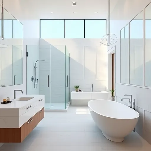 Remodeled Highland Beach bathroom with modern fixtures, marble countertops, walk-in glass shower, soaking tub, and coastal accents