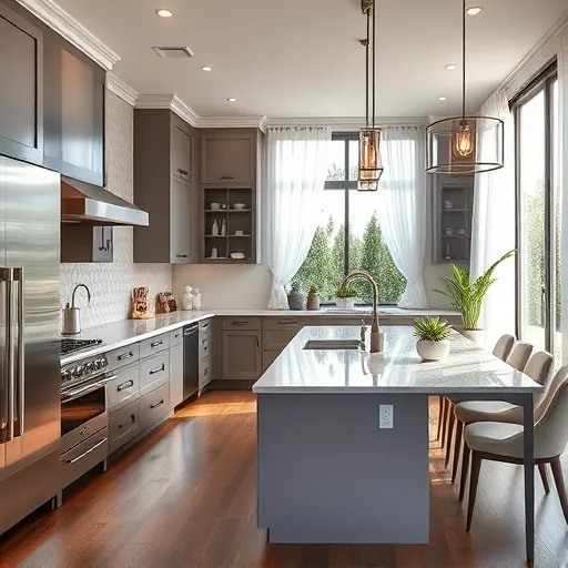Modern Boca Raton kitchen remodel with stainless steel appliances, marble countertops, and geometric tile backsplash.