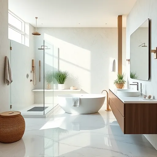Renovated South Bay Florida bathroom with modern fixtures, walk-in glass shower, soaking tub, neutral tones, coastal decor