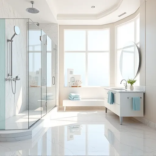 Newly renovated Riviera Beach bathroom with modern fixtures, glass shower, double vanity, and coastal accents.