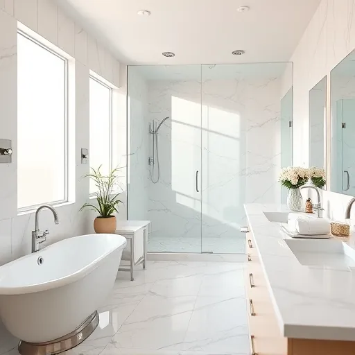 Beautiful renovated Boynton Beach bathroom with modern fixtures, marble countertops, glass walk-in shower, and natural light