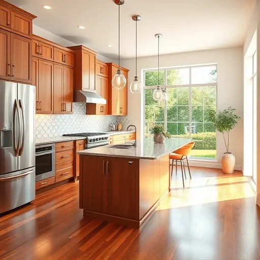 Modern kitchen remodel in Fort Pierce, FL features stainless-steel appliances, custom cabinetry, granite island, and elegant hardwood flooring.