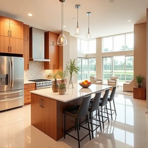 Completed remodeling project in Lantana FL featuring modern kitchen with sleek cabinetry, stainless steel appliances, and marble countertop.