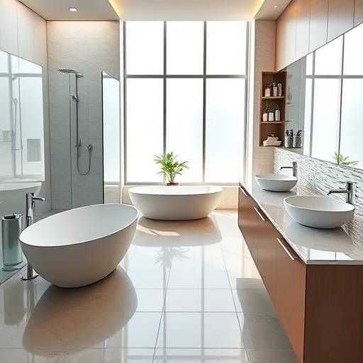 Spacious modern bathroom remodel in South Bay, FL features glass shower, freestanding tub, and double vanity with marble.