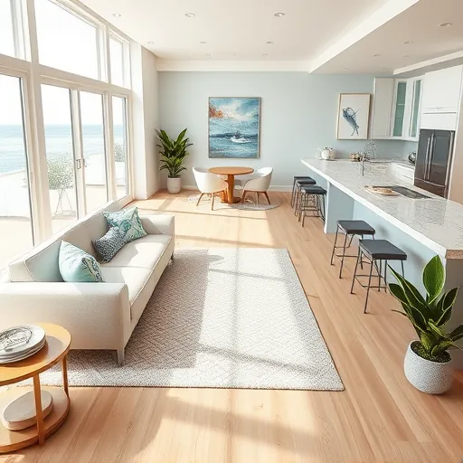 Coastal-inspired living room in Juno Beach with soft beige and light blue accents, natural light, and modern kitchen.