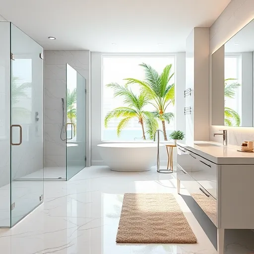 Remodeled Manalapan Florida bathroom with marble flooring, glass shower, soaking tub, double vanity, and tropical greenery view