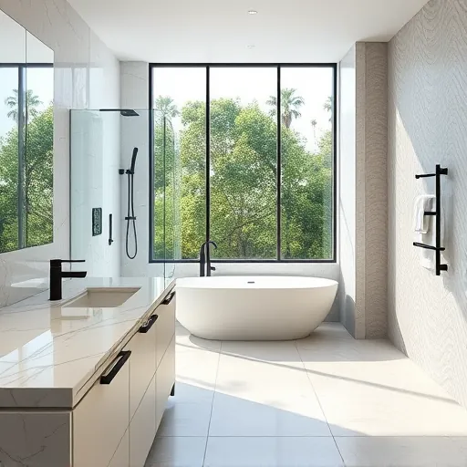 Beautiful renovated bathroom in Manalapan FL with marble countertops, glass shower, soaking tub, and lush greenery view