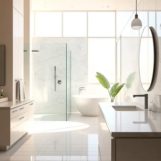 Remodeled Riviera Beach bathroom with modern fixtures, walk-in glass shower, freestanding tub, marble countertops, natural light
