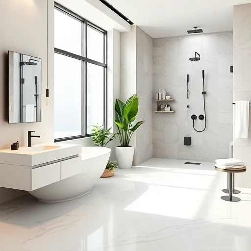 Remodeled Riviera Beach bathroom with polished marble floors, freestanding tub, quartz vanity, glass shower, and modern décor