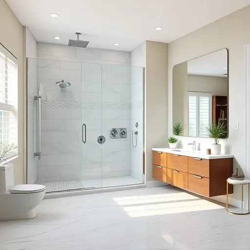 Beautiful renovated bathroom in Belle Glade FL with modern fixtures, walk-in glass shower, tiled walls, marble floor, stylish accessories