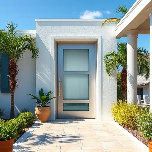Modern hurricane impact door with reinforced glass in a sunny Riviera Beach Florida home with tropical landscaping