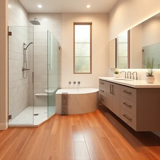 Renovated bathroom in Mangonia Park FL featuring modern fixtures, marble countertops, walk-in shower, and soaking tub.