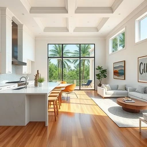 Remodeled North Palm Beach living space with high ceilings, modern kitchen, and natural light enhancing its inviting design.