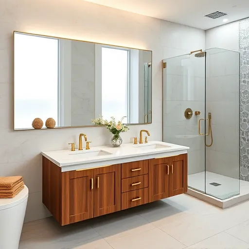 Modern upscale bathroom with double sink vanity, marble countertop, brass fixtures, glass shower, and elegant decor