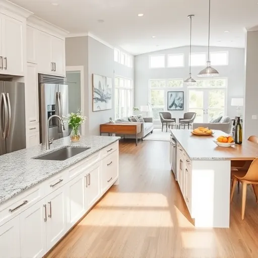 Stuart FL kitchen remodel features white cabinetry, granite island, stainless appliances, and natural light-filled dining area.