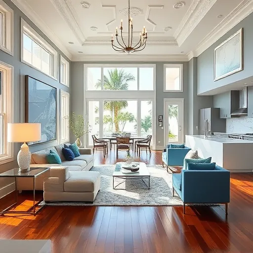 A beautifully renovated living room in West Palm Beach features contemporary furnishings, natural light, and warm hardwood floors.